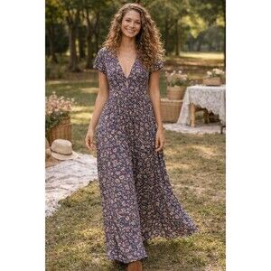 Natural Life Floral Maxi Dress Boho Cottagecore Tiered Pockets Romantic Size L